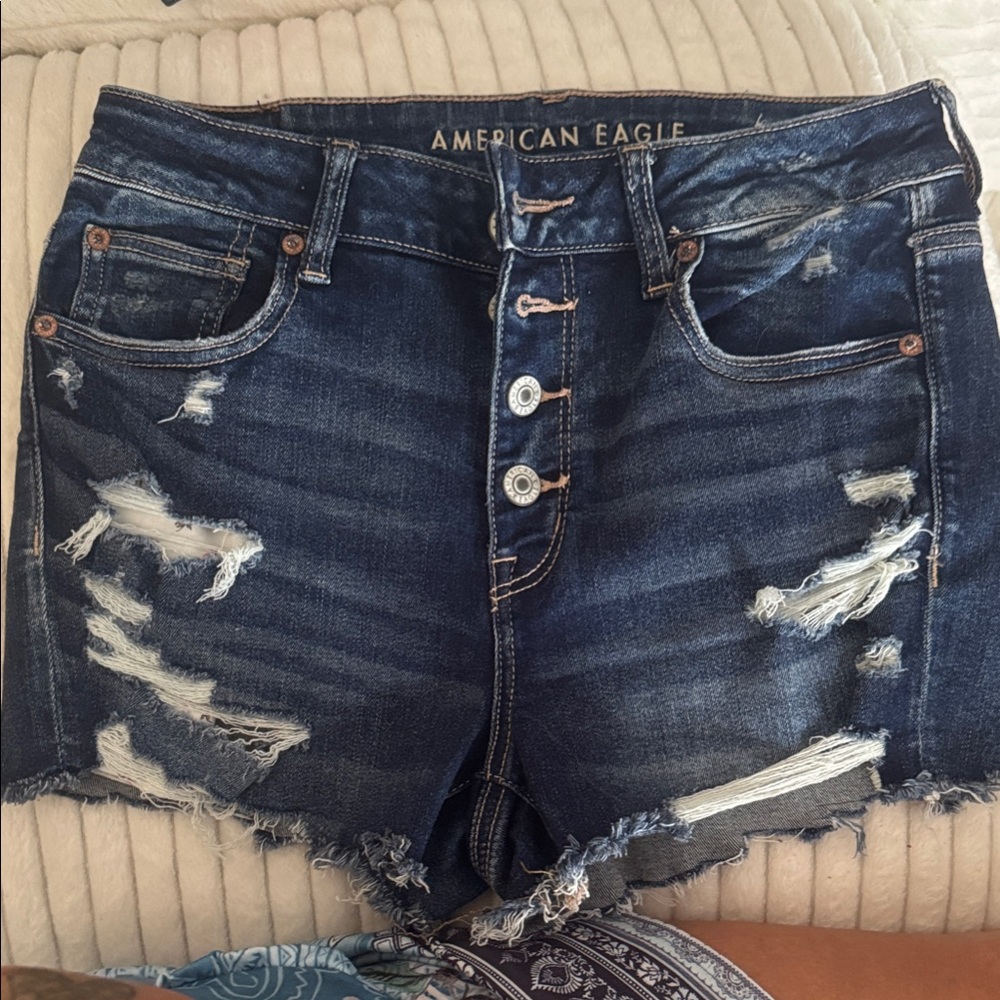 American Eagle Outfitters Dark Blue Distressed Jean Shorts